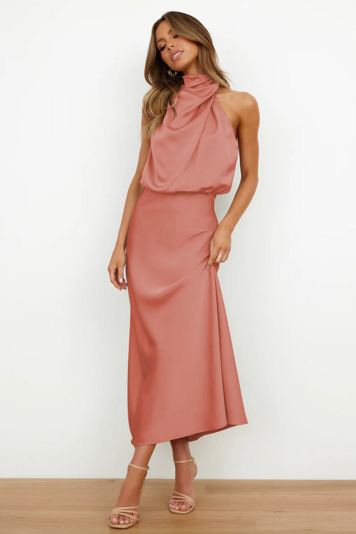 Janna™  | Long satin dress with halter neckline