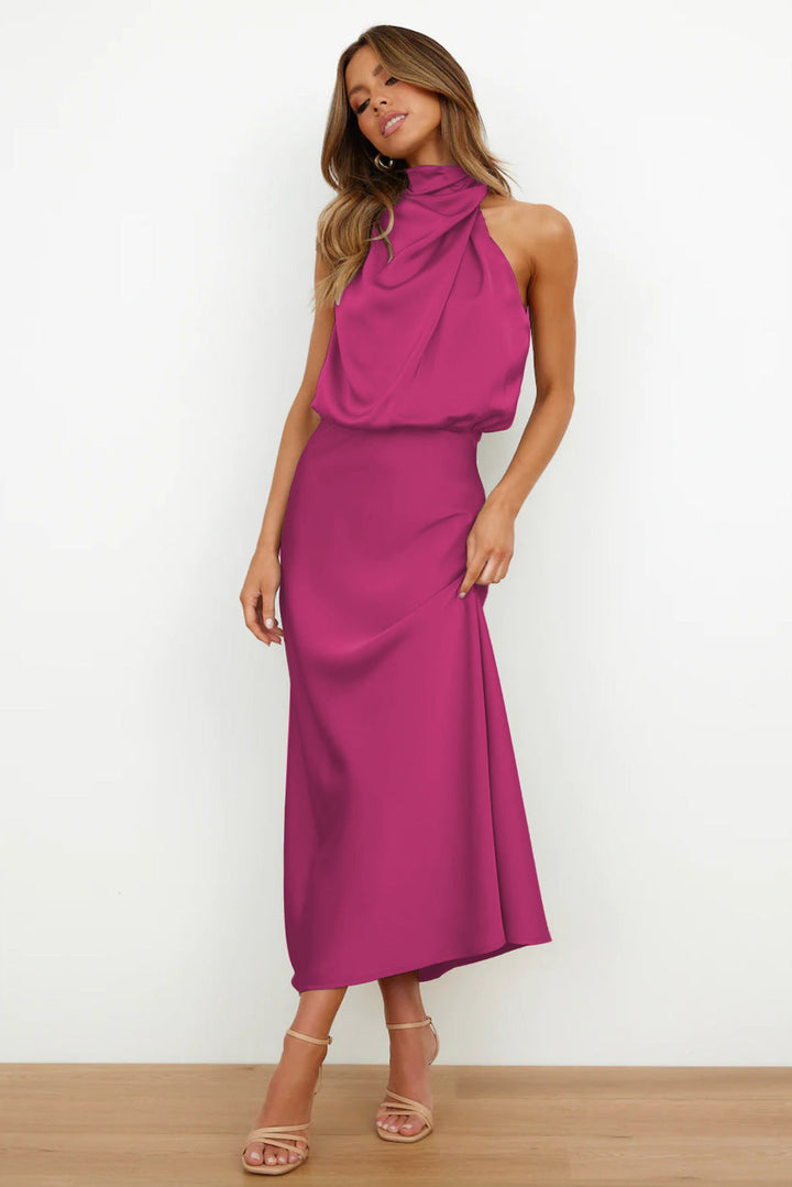 Janna™  | Long satin dress with halter neckline