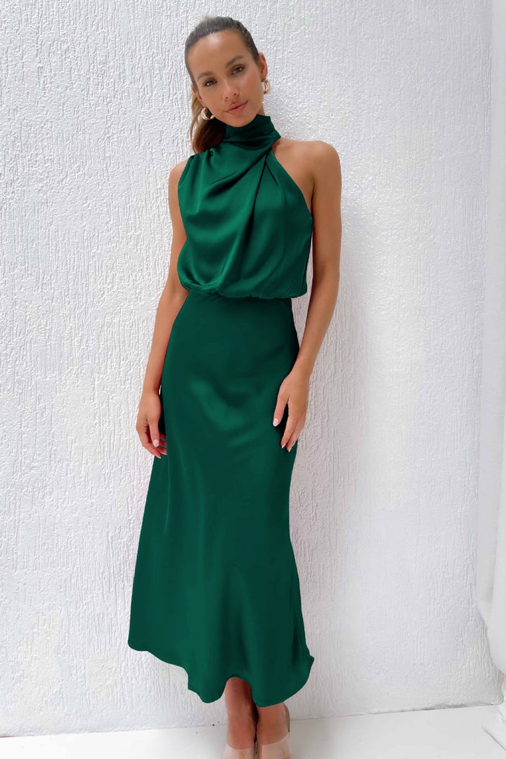 Janna™  | Long satin dress with halter neckline