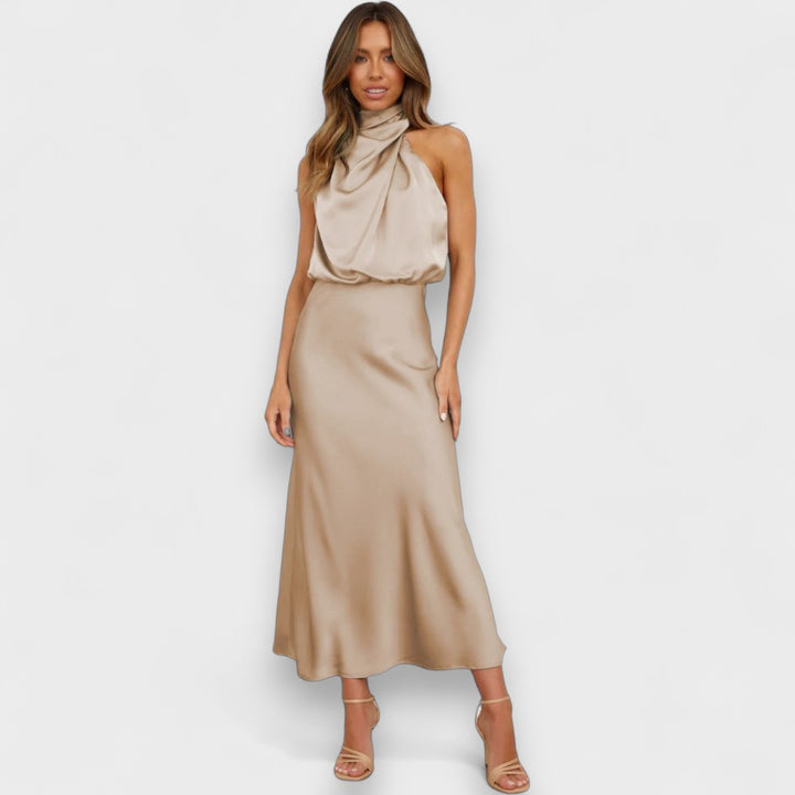 Janna™  | Long satin dress with halter neckline